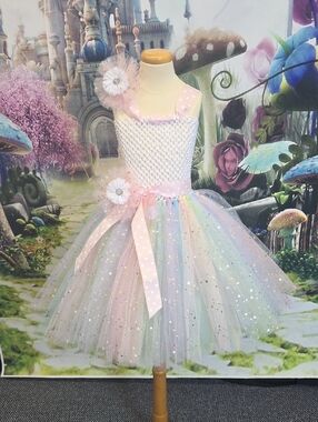Handmade Pastel Rainbow Tulle Princess Tutu Girls Dress with Sequin